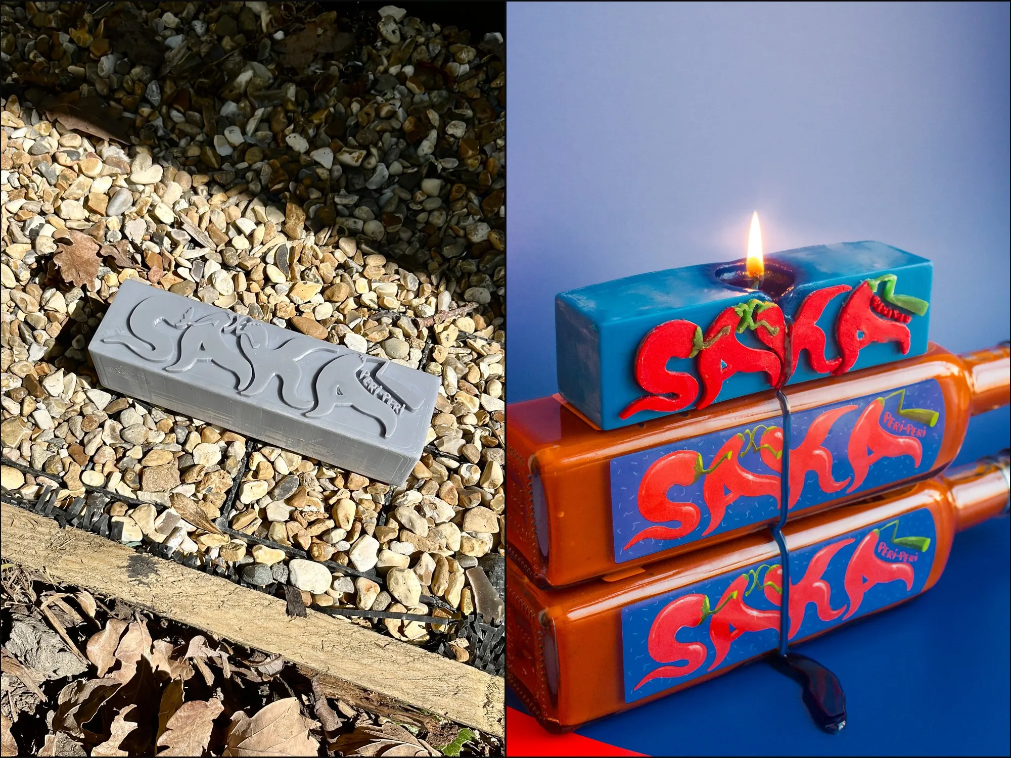 The Nata x Nando's PERi-PERi Saka candles, stacked, with the top candle lit